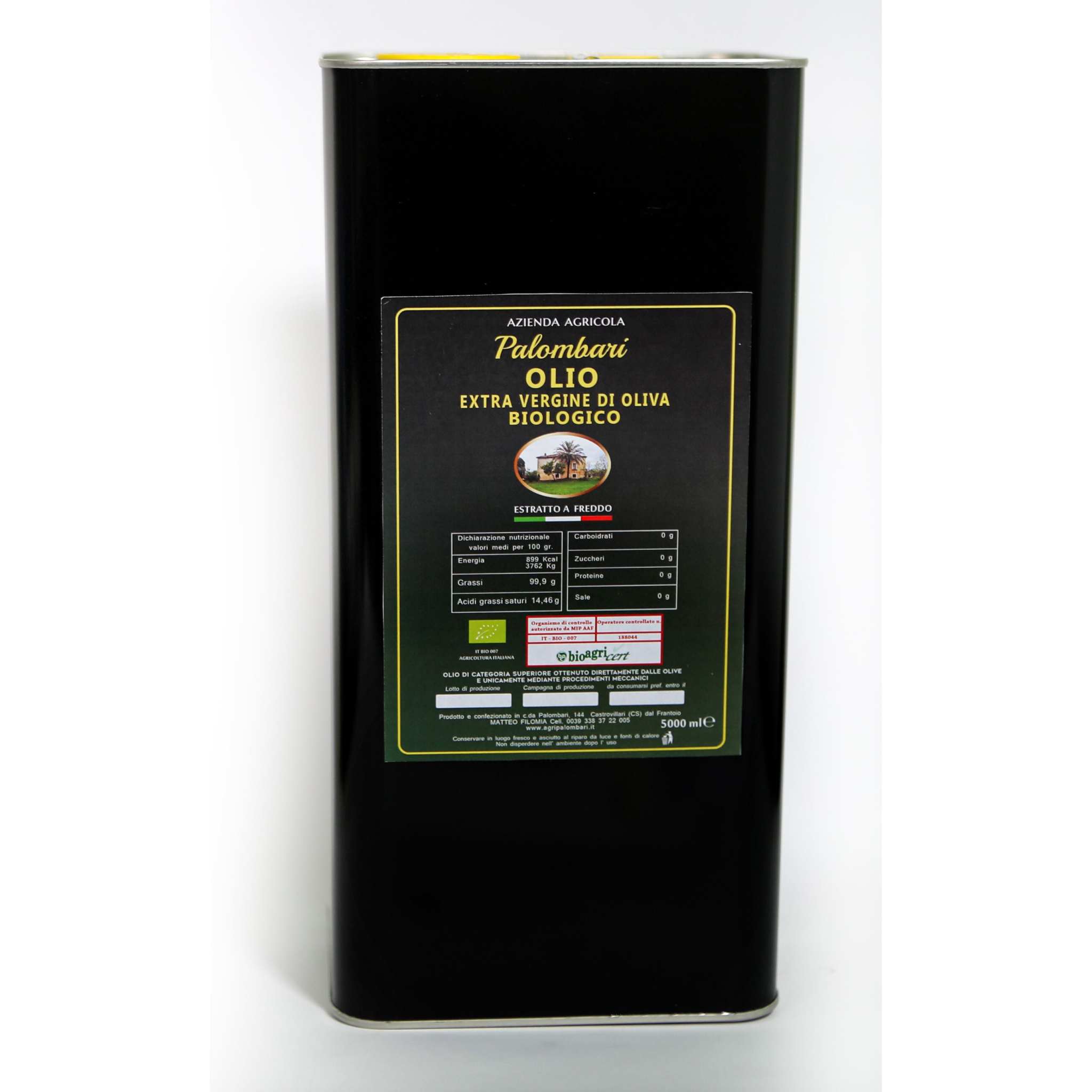 Bio Olivenöl Extra Vergine di Palombari in Kanister, hochwertige Roggianella-Sorte, nachhaltige kalabresische Produktion.